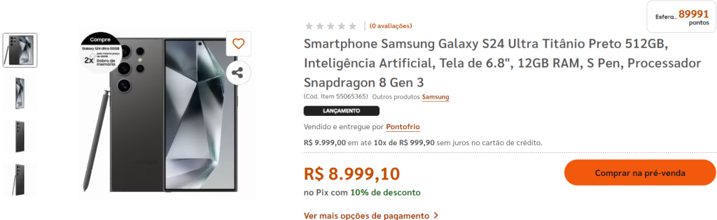 Ganhe até 10 pontos Esfera por real gasto na compra do novo Galaxy S24