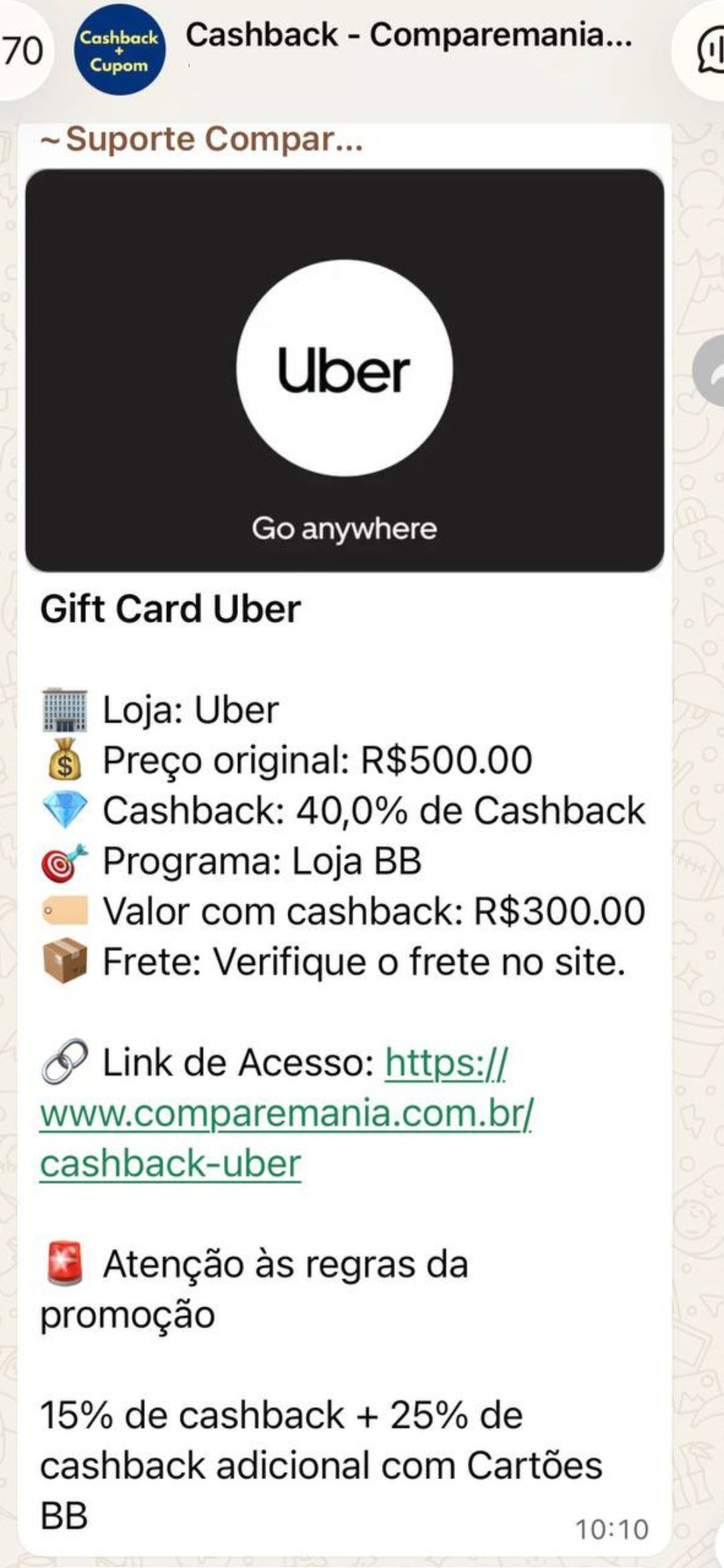 Oferta de cashback Uber